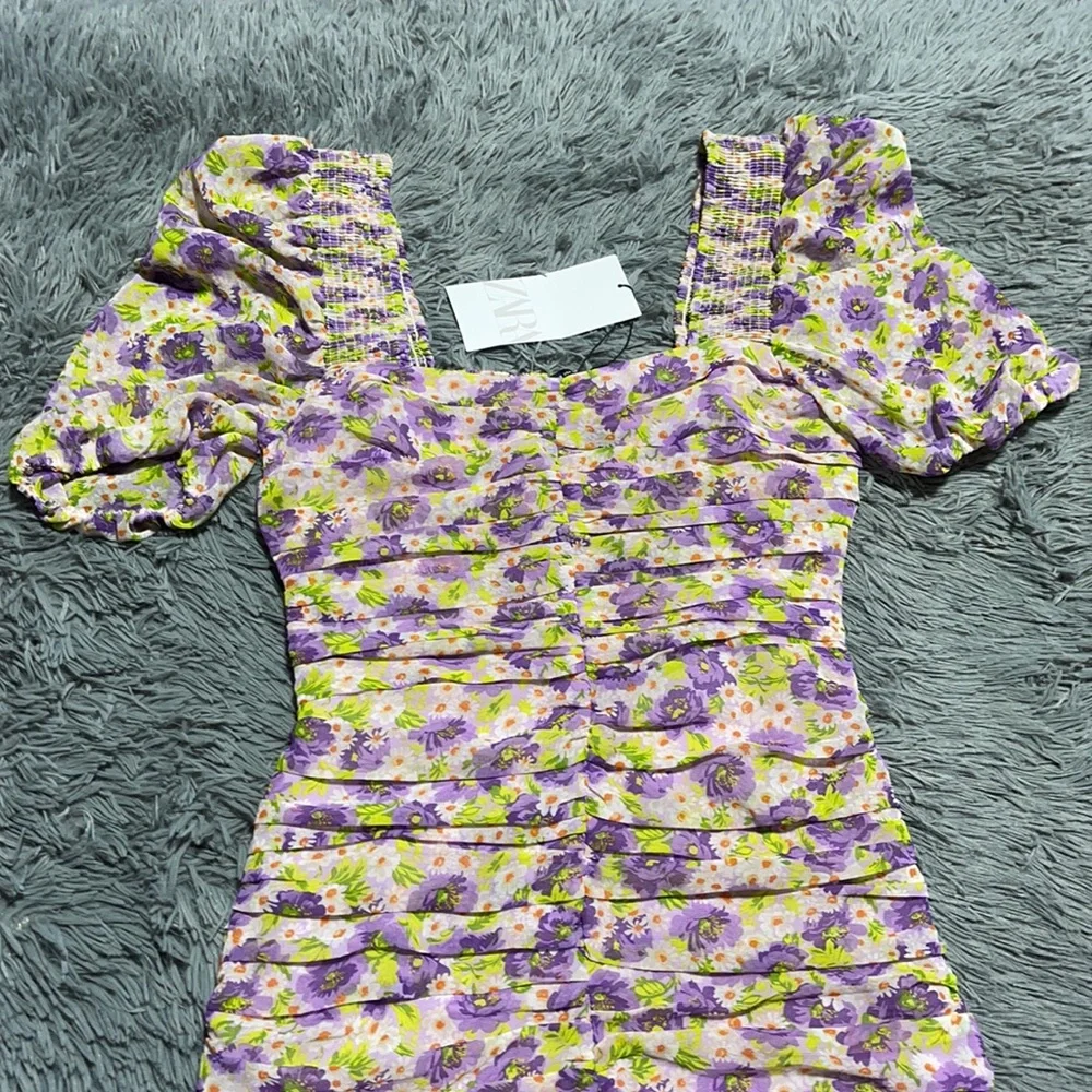 🥰🥰ZARA Floral Ruched Puff Sleeves Mini Dress🥰🥰 - Picture 5 of 16